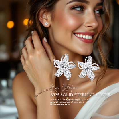 S925 Sterling Silver Marquise Flower Studs C/Z Stud Earrings