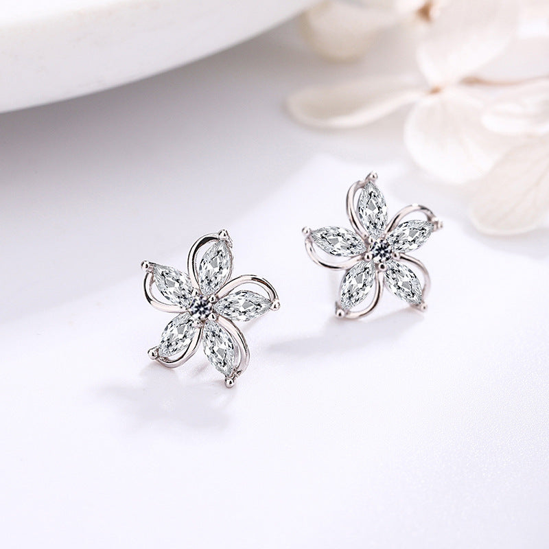 Sterling Silver Marquise Flower Studs C/Z Stud Earrings