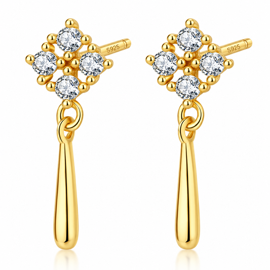 Sterling Silver Dangling C/Z Cluster 18K Yellow Gold Plated Drop Earrings