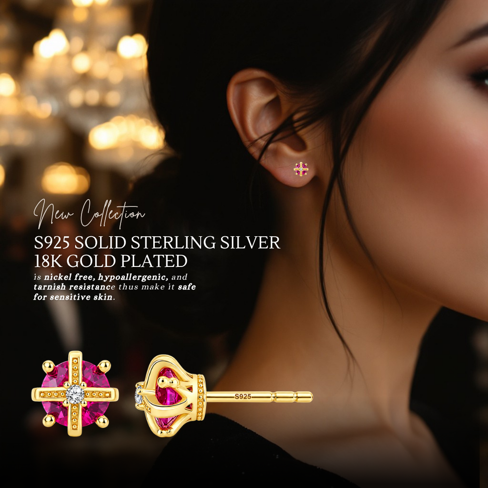 Sterling Silver Regal Crown C/Z Stud Earrings 18K Yellow Gold Plated Earrings