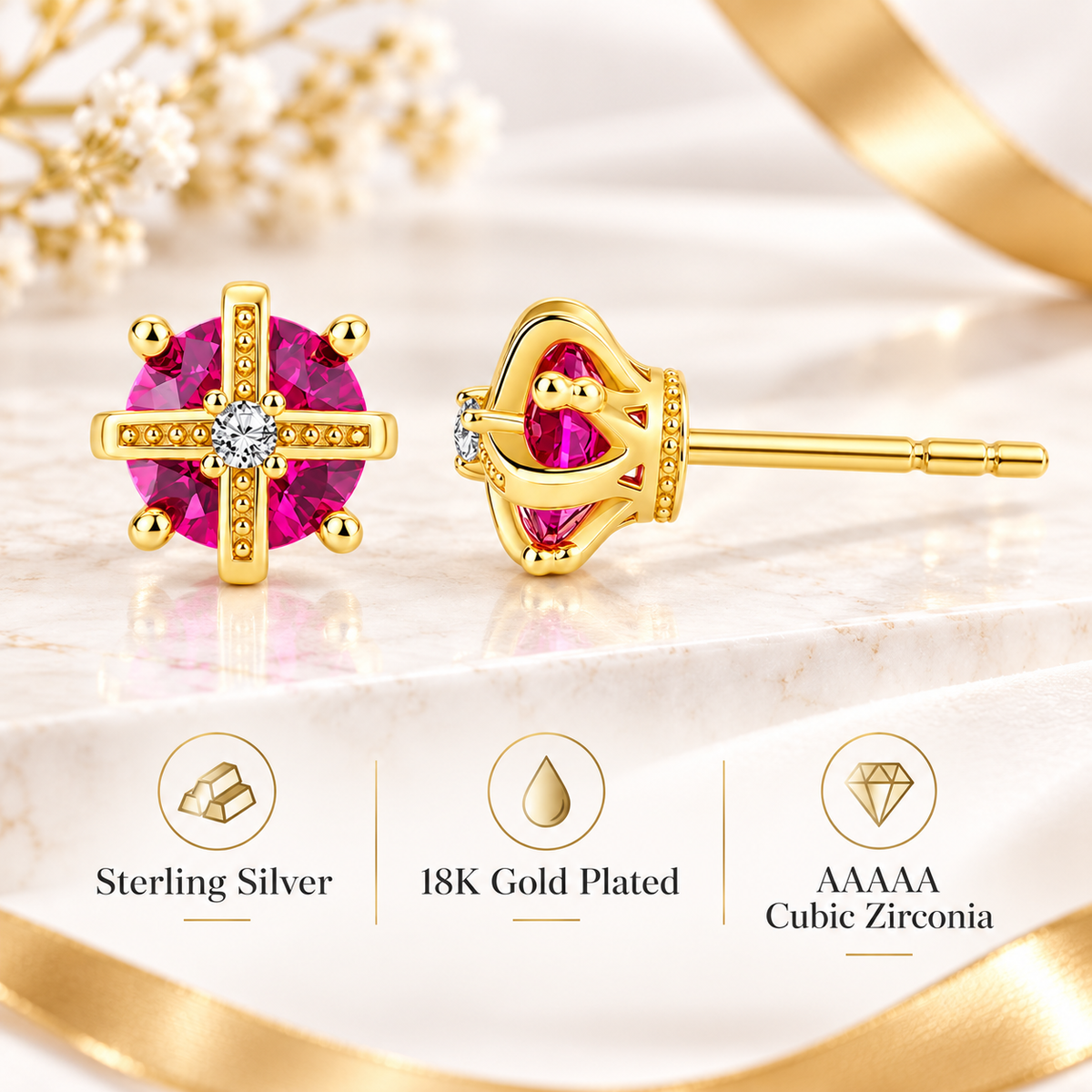 Sterling Silver Regal Crown C/Z Stud Earrings 18K Yellow Gold Plated Earrings