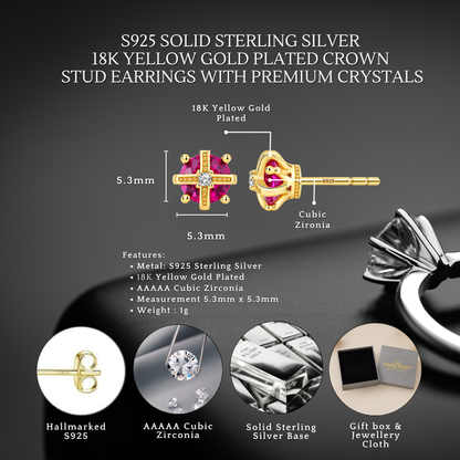 Sterling Silver Regal Crown C/Z Stud Earrings 18K Yellow Gold Plated Earrings