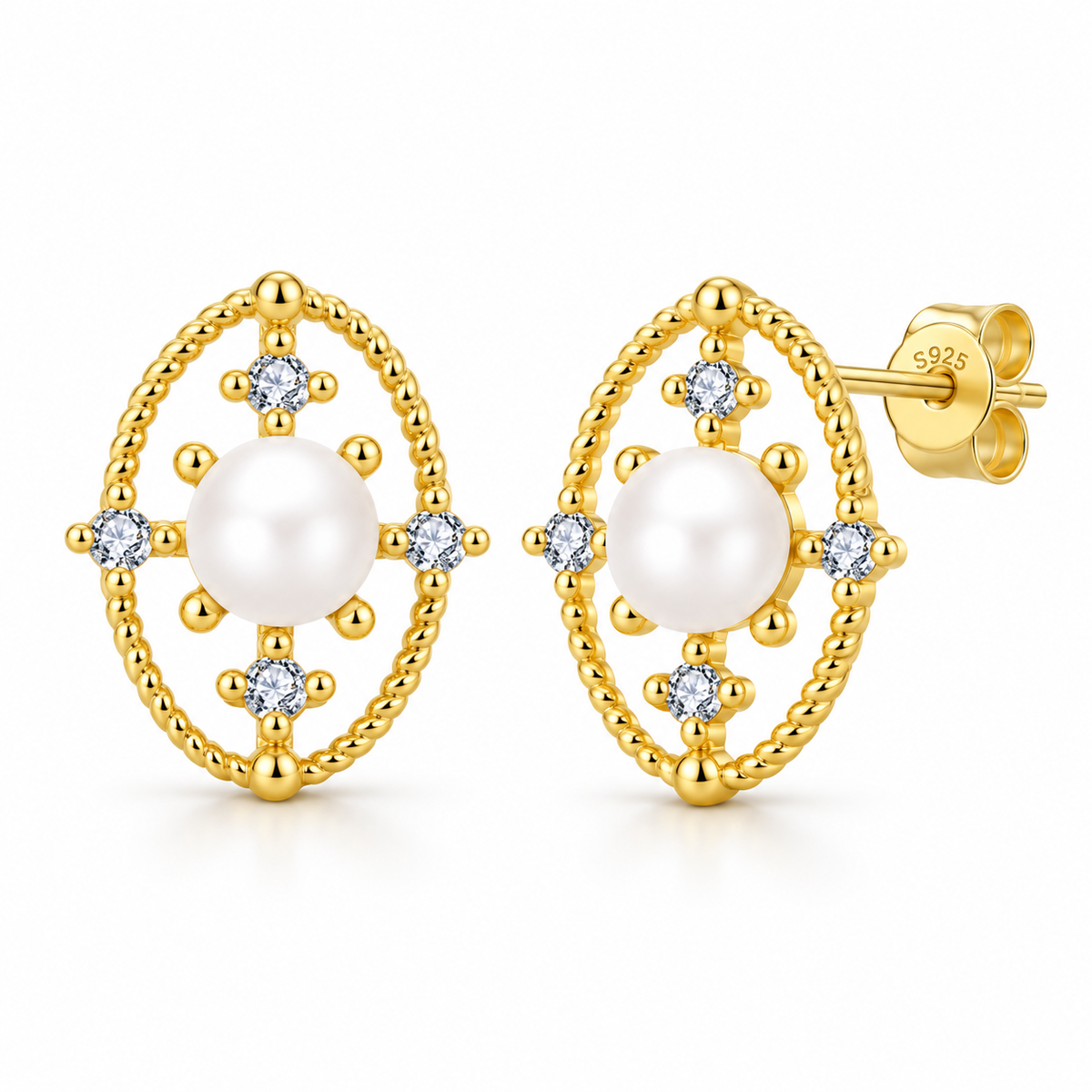 Sterling Silver Pearl & C/Z Stud Earrings 18K Yellow Gold Plated Earrings