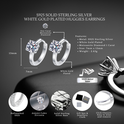 Sterling Silver Moissanite Solitaire 1 Carat Diamond Huggie Earrings