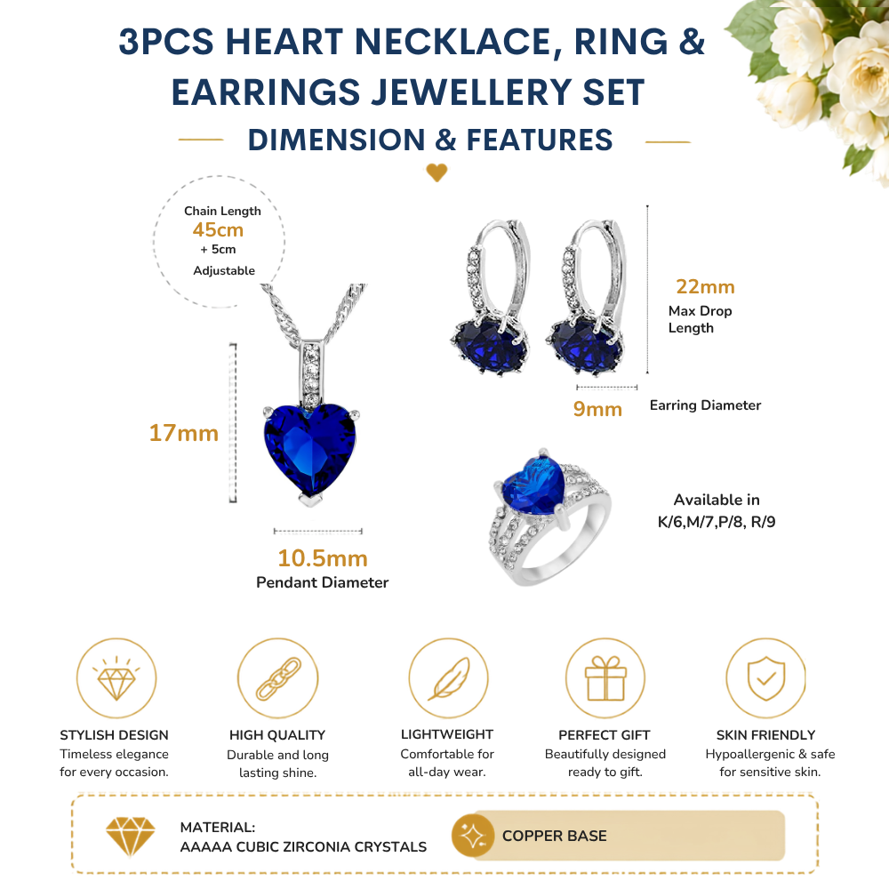3pcs Heart Crystal Necklace, Drop Earrings and Ring Set Tri Set