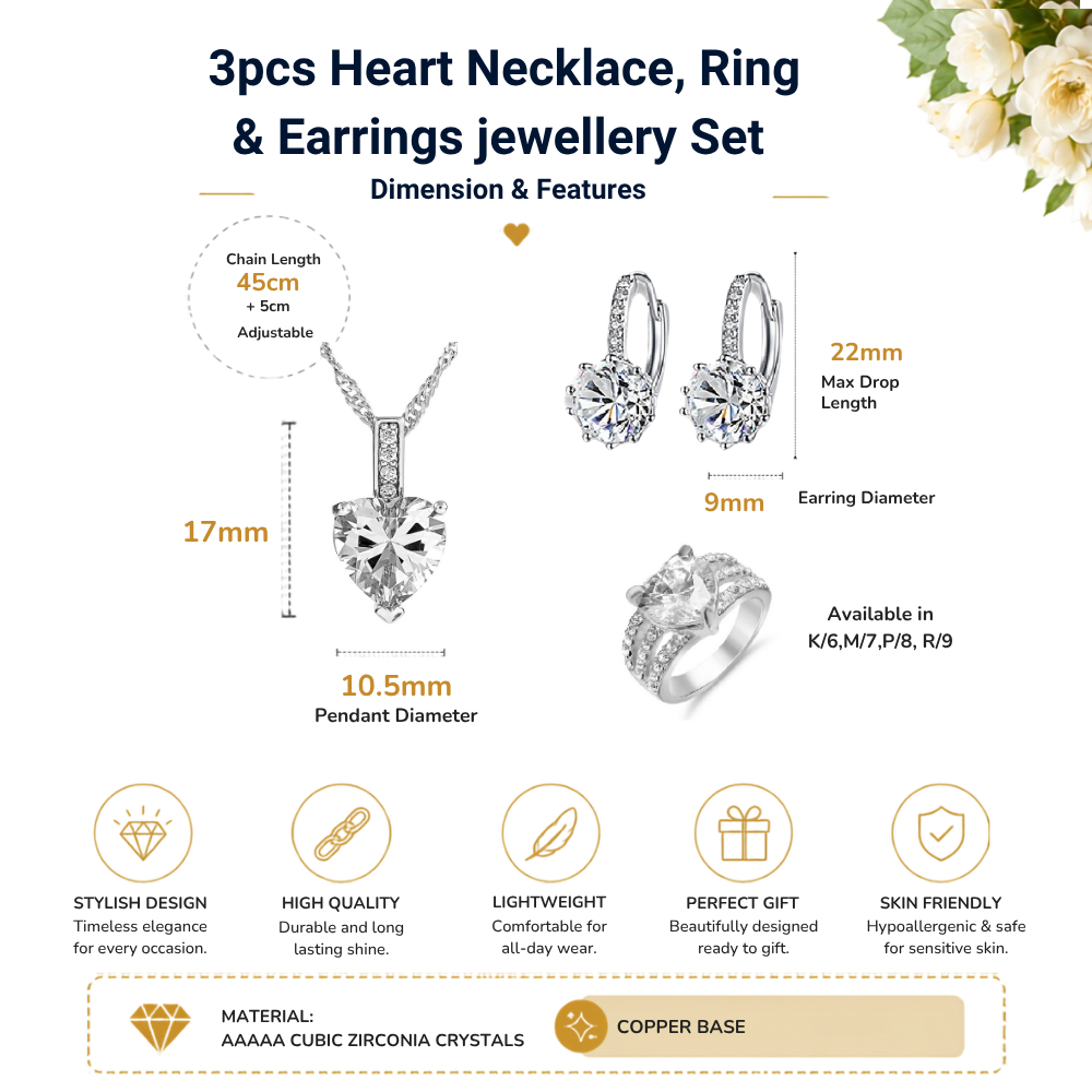 3pcs Heart Crystal Necklace, Drop Earrings and Ring Set Tri Set