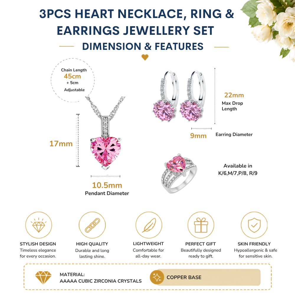 3pcs Heart Crystal Necklace, Drop Earrings and Ring Set Tri Set
