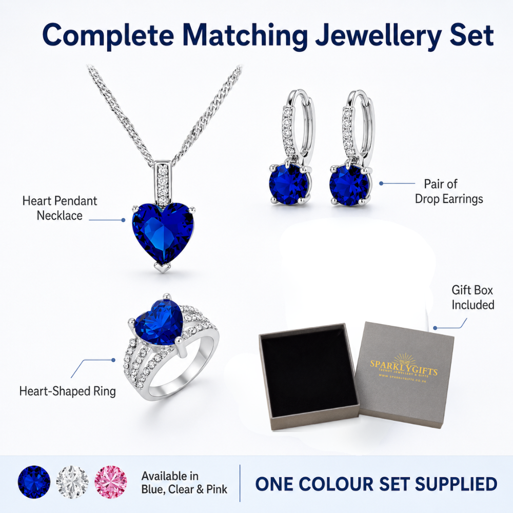3pcs Heart Crystal Necklace, Drop Earrings and Ring Set Tri Set
