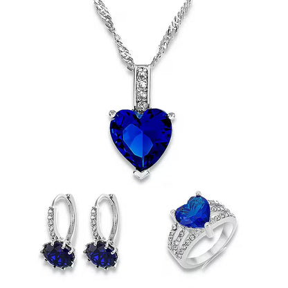 3pcs Heart Crystal Necklace, Drop Earrings and Ring Set Tri Set