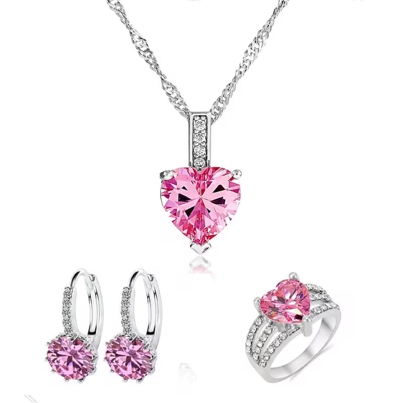 3pcs Heart Crystal Necklace, Drop Earrings and Ring Set Tri Set