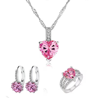 3pcs Heart Crystal Necklace, Drop Earrings and Ring Set Tri Set