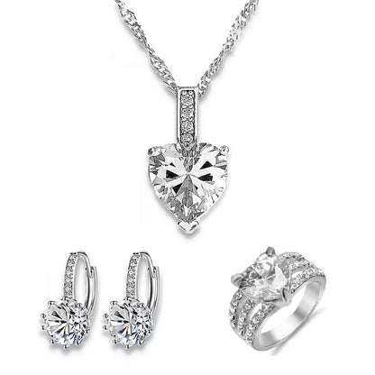 3pcs Heart Crystal Necklace, Drop Earrings and Ring Set Tri Set