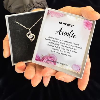 S925 Sterling Silver Heart C/Z Pendant Necklace with Message Card For Auntie