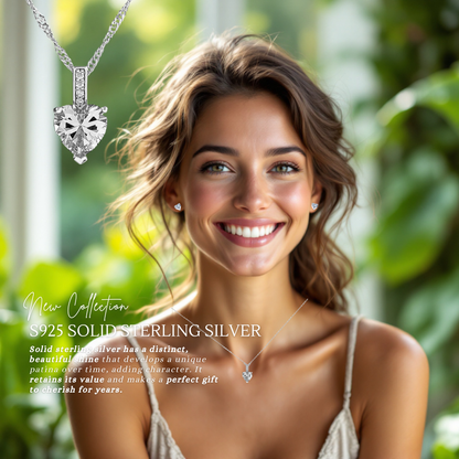 Sterling Silver Heart Zircon Pendant Necklace & Stud Earrings Set