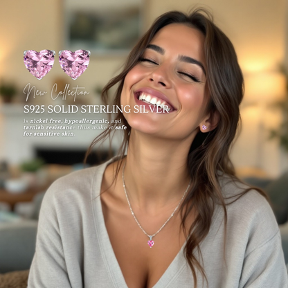 Sterling Silver Heart Zircon Pendant Necklace & Stud Earrings Set