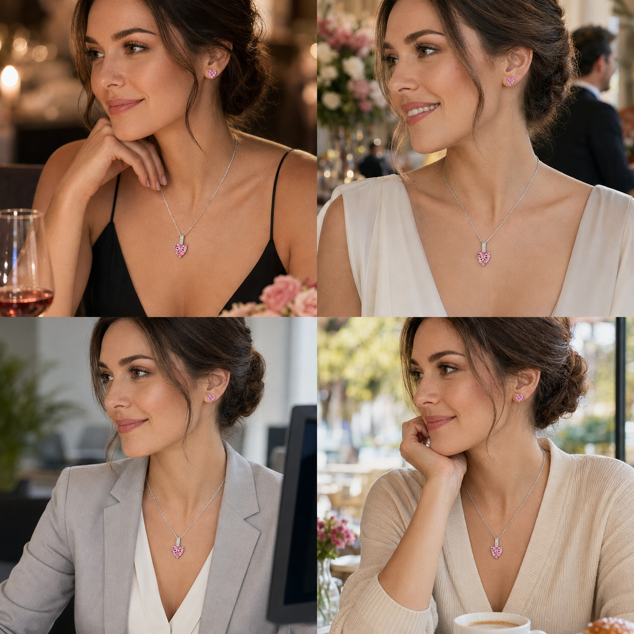 Sterling Silver Heart Zircon Pendant Necklace & Stud Earrings Set