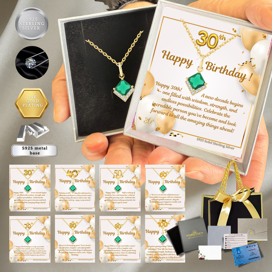 Birthday Gifts for Her 30th 40th 50th 60th 70th 80th 90th 100th S925 Emerald Gold Plated Necklace Birthday Personalised Message