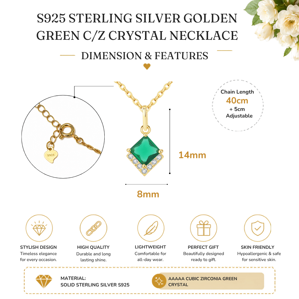 S925 Sterling Silver Emerald Green C/Z 18K Gold Plated Pendant Necklace