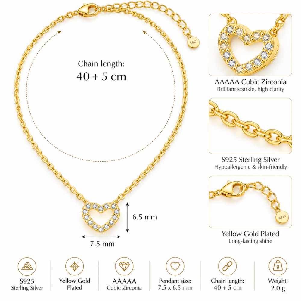 Sterling Silver Open Dainty Heart Red C/Z 18K Gold Plated Pendant Necklace