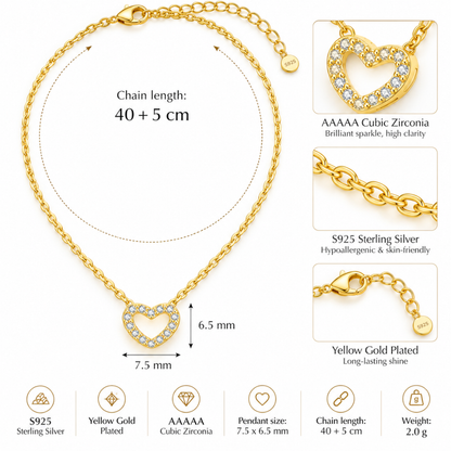 Sterling Silver Open Dainty Heart Red C/Z 18K Gold Plated Pendant Necklace