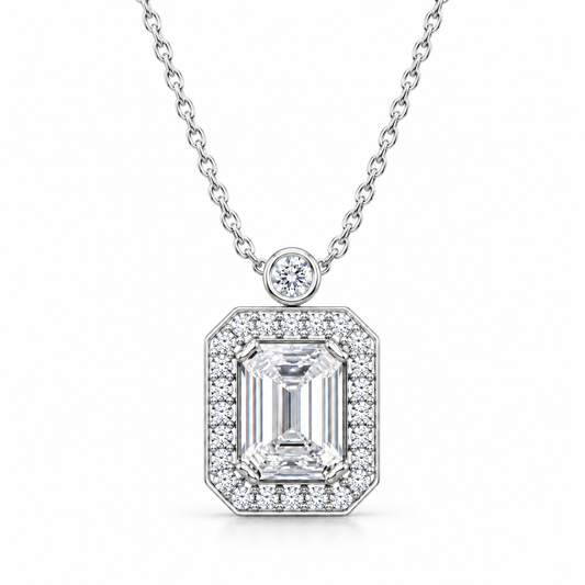 S925 Sterling Silver Emerald Cut Halo C/Z Pendant Necklace