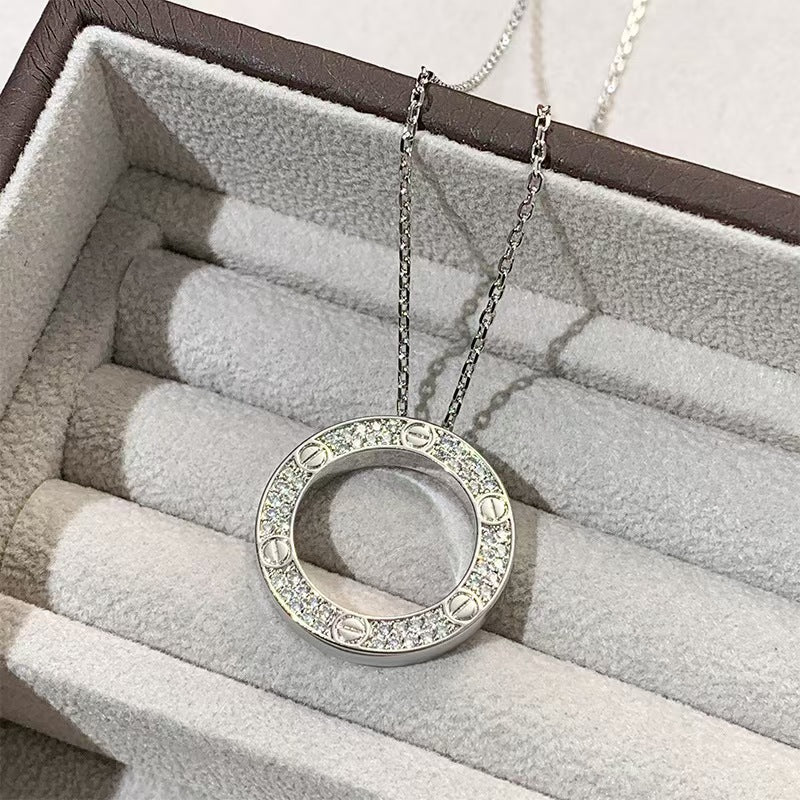 Sterling Silver Cartier Inspired Love Paved Pendant Necklace White Gold Or Rose Gold Plated