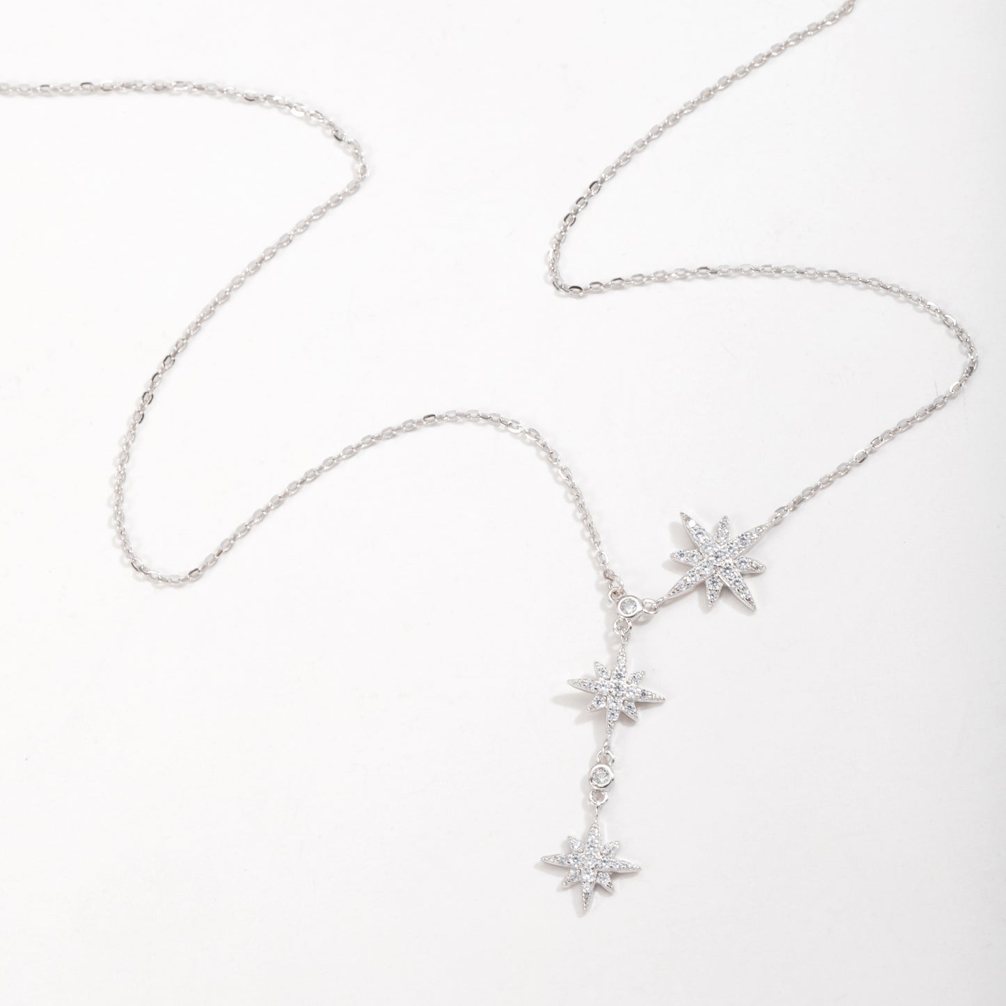 Sterling Silver Starbust Lariat C/Z Pendant Necklace