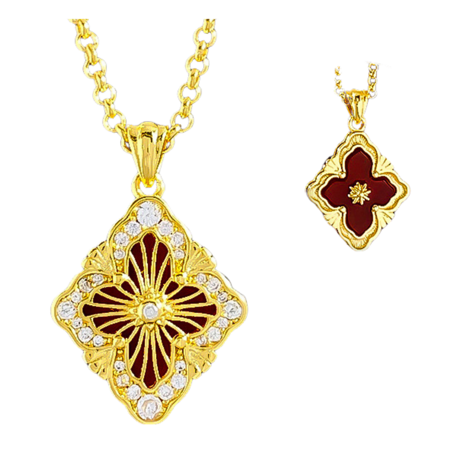 Sterling Silver Double-Sided Red Agate Clover 14K Gold Plated C/Z Pendant Necklace