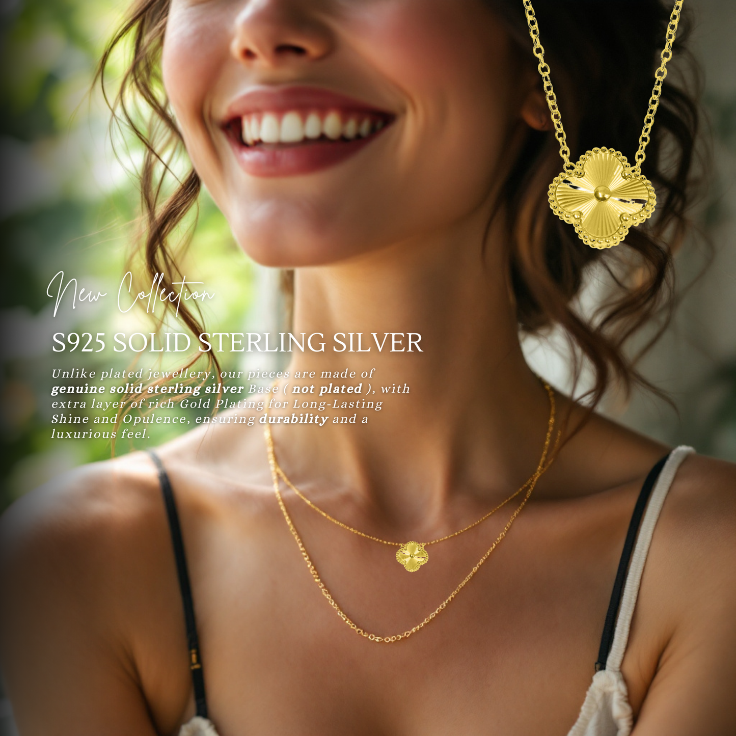 S925 Sterling Silver Lucky Clover Four Leaf Pendant Necklace White Gold 18K Yellow Gold Plated
