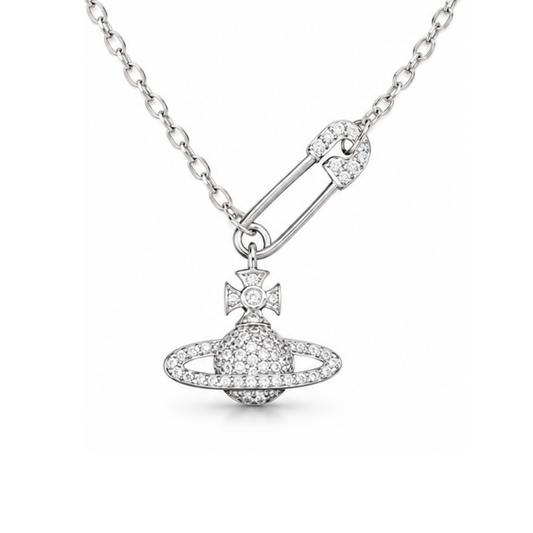 S925 Sterling Silver Vivienne Westwood Inspired  Diamante Pin Orb C/Z Pendant Necklace