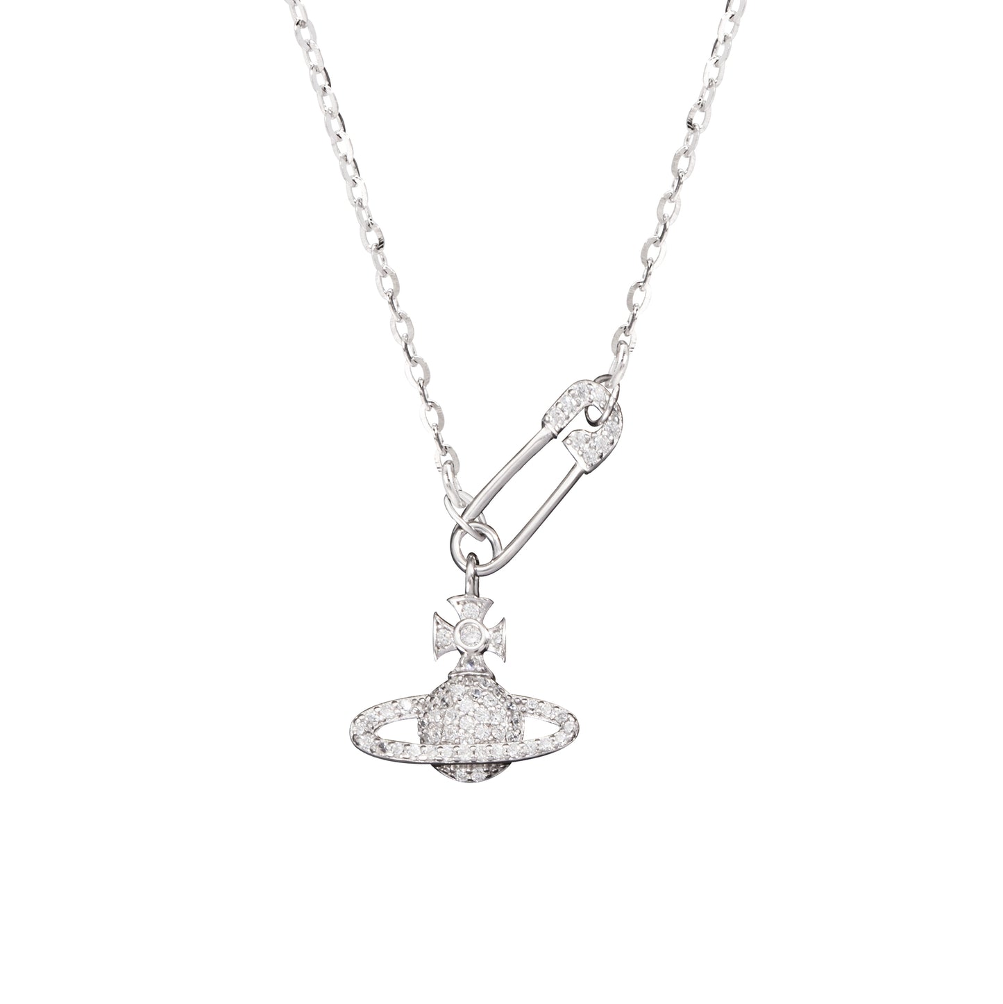 S925 Sterling Silver Vivienne Westwood Inspired  Diamante Pin Orb C/Z Pendant Necklace