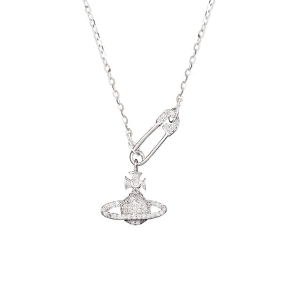 S925 Sterling Silver Vivienne Westwood Inspired  Diamante Pin Orb C/Z Pendant Necklace
