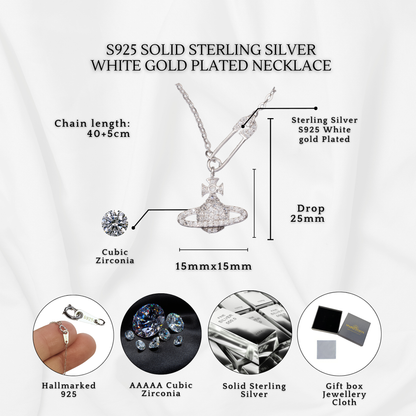 S925 Sterling Silver Vivienne Westwood Inspired  Diamante Pin Orb C/Z Pendant Necklace