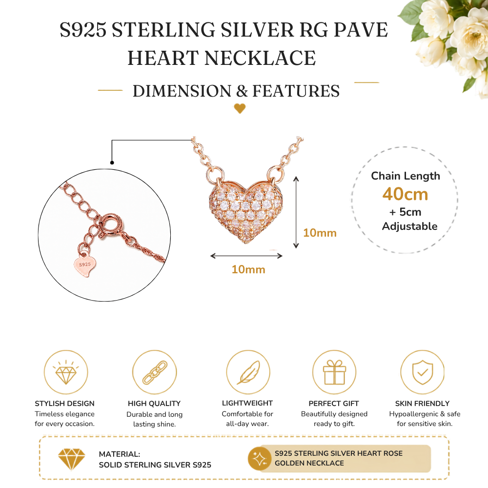 S925 Sterling Silver Pave Heart Rose Gold Plated C/Z Pendant Necklace