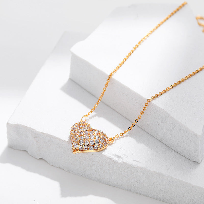 Sterling Silver Pave Heart Rose Gold Plated C/Z Pendant Necklace