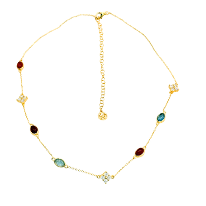 S925 Sterling Silver Aqua & Agate Bloom 18K Gold Plated Necklace Choker