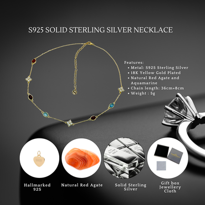 S925 Sterling Silver Aqua & Agate Bloom 18K Gold Plated Necklace Choker