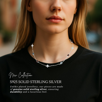 S925 Sterling Silver Agate & Aquamarine Stream Necklace Choker