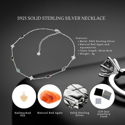 S925 Sterling Silver Agate & Aquamarine Stream Necklace Choker
