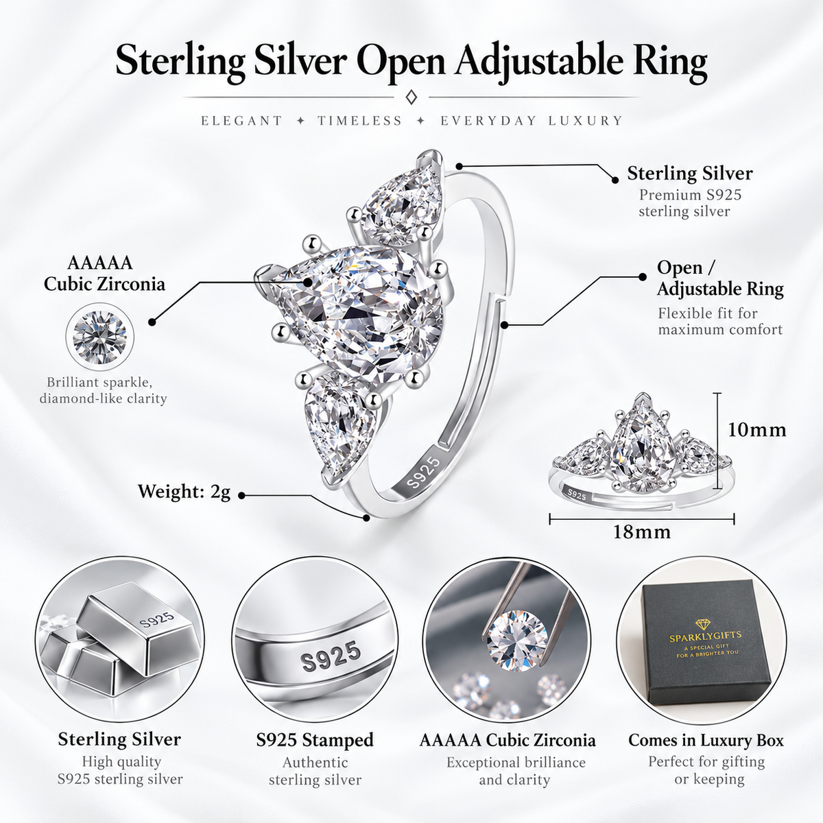 S925 Sterling Silver Three Stone Pear C/Z Open Adjustable Ring