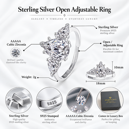 S925 Sterling Silver Three Stone Pear C/Z Open Adjustable Ring