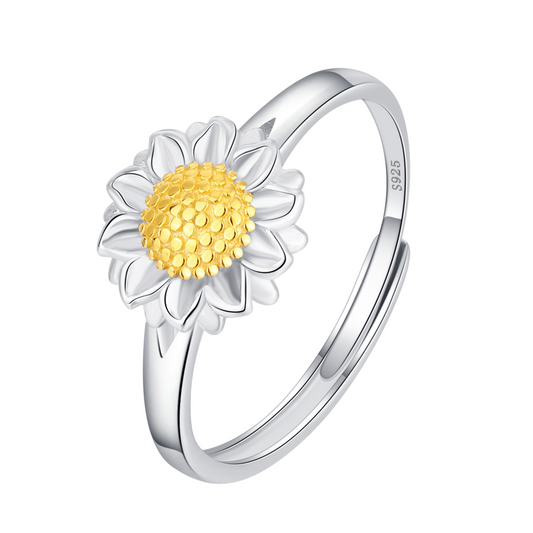 Sterling Silver Two-Tone Daisy Open Adjustable Ring