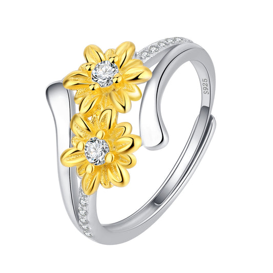 Sterling Silver Two-Tone Double Daisy Open Adjustable Ring