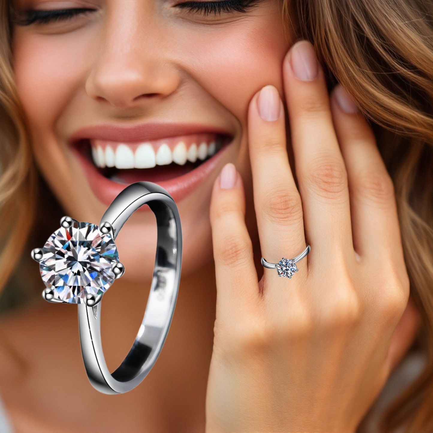 Sterling Silver Classic Moissanite Solitaire Ring Two carat Open Adjustable Ring