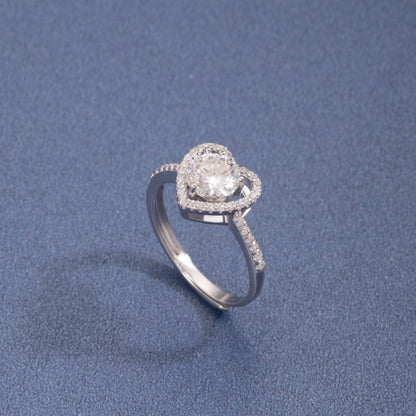 Sterling Silver Halo Heart Moissanite Ring One carat Open Adjustable Ring