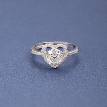 Sterling Silver Halo Heart Moissanite Ring One carat Open Adjustable Ring
