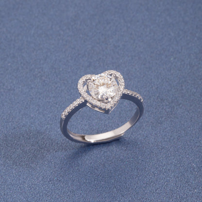 Sterling Silver Halo Heart Moissanite Ring One carat Open Adjustable Ring