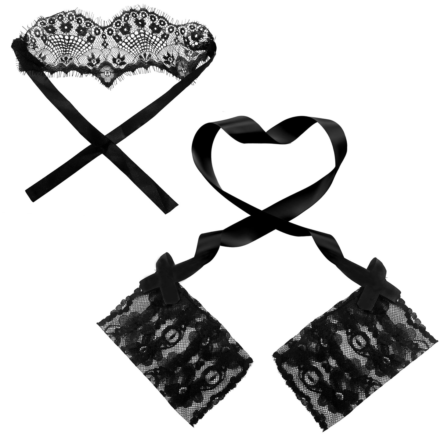 Thigh High Lace Suspender Stockings and Blindfold Handcuff Lace Eye Mask Set