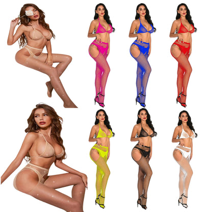 Diamante Fishnet Stockings with Matching Bra