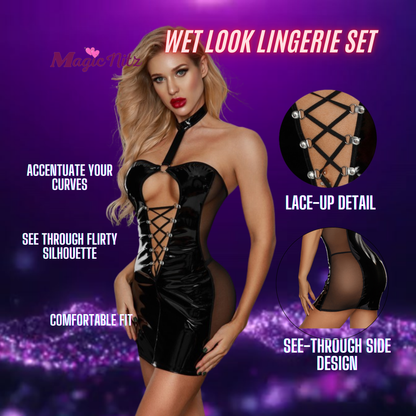 Black Wet-Look Corset Front Dress and a  Thong Set